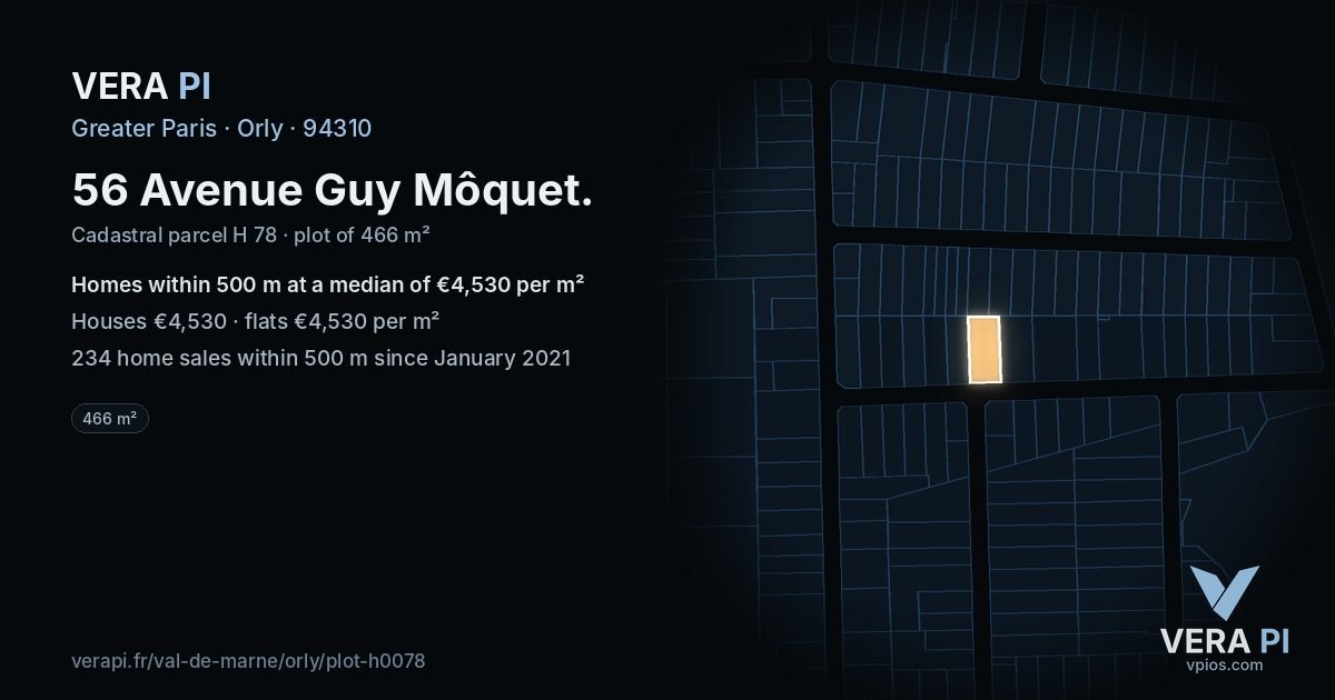 56 Avenue Guy Môquet, Orly at night – the plot lit, the parcels around coloured by the prices near them