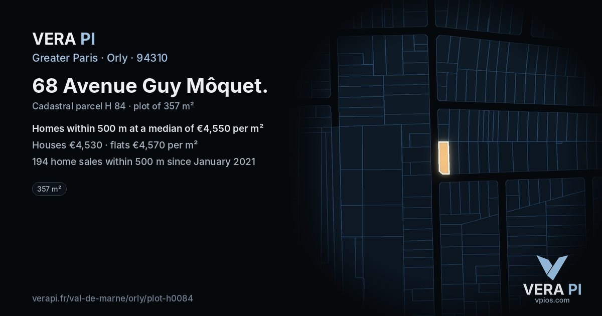 68 Avenue Guy Môquet, Orly at night – the plot lit, the parcels around coloured by the prices near them