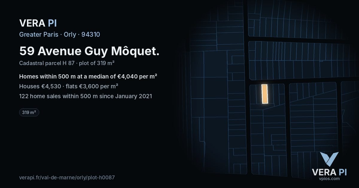 59 Avenue Guy Môquet, Orly at night – the plot lit, the parcels around coloured by the prices near them