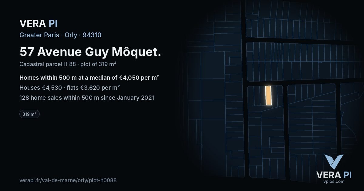 57 Avenue Guy Môquet, Orly at night – the plot lit, the parcels around coloured by the prices near them