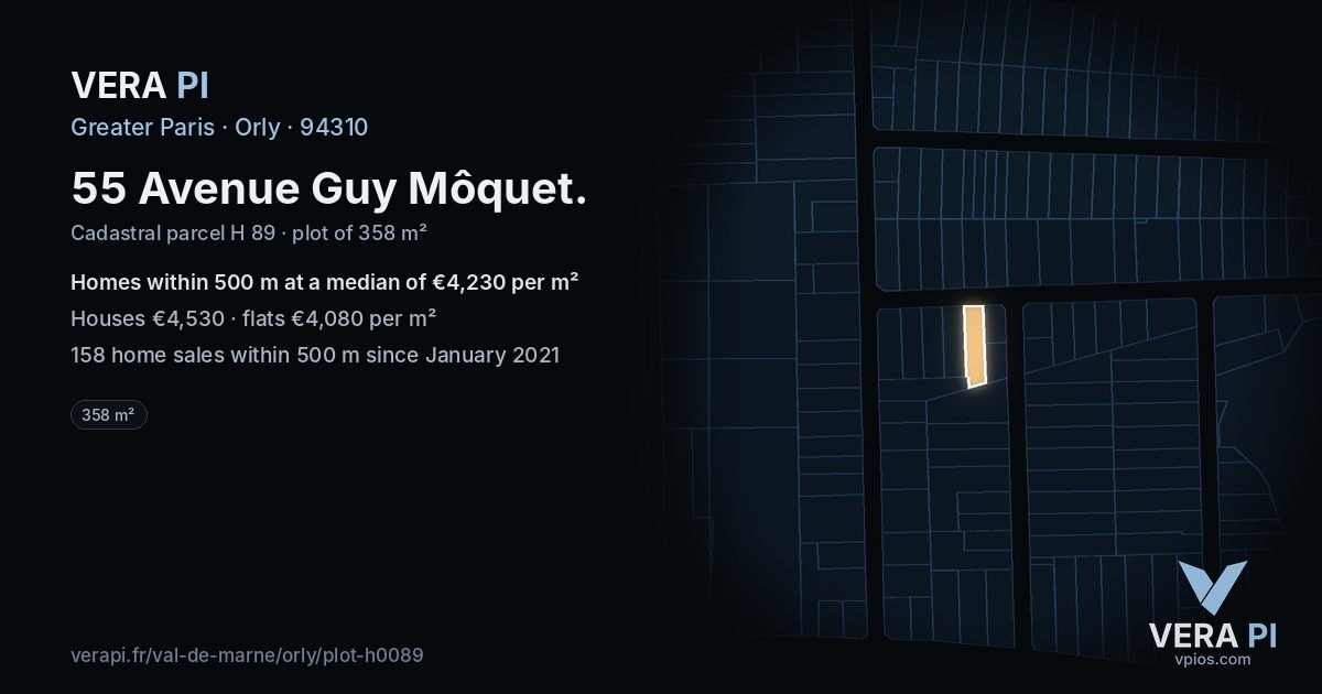 55 Avenue Guy Môquet, Orly at night – the plot lit, the parcels around coloured by the prices near them