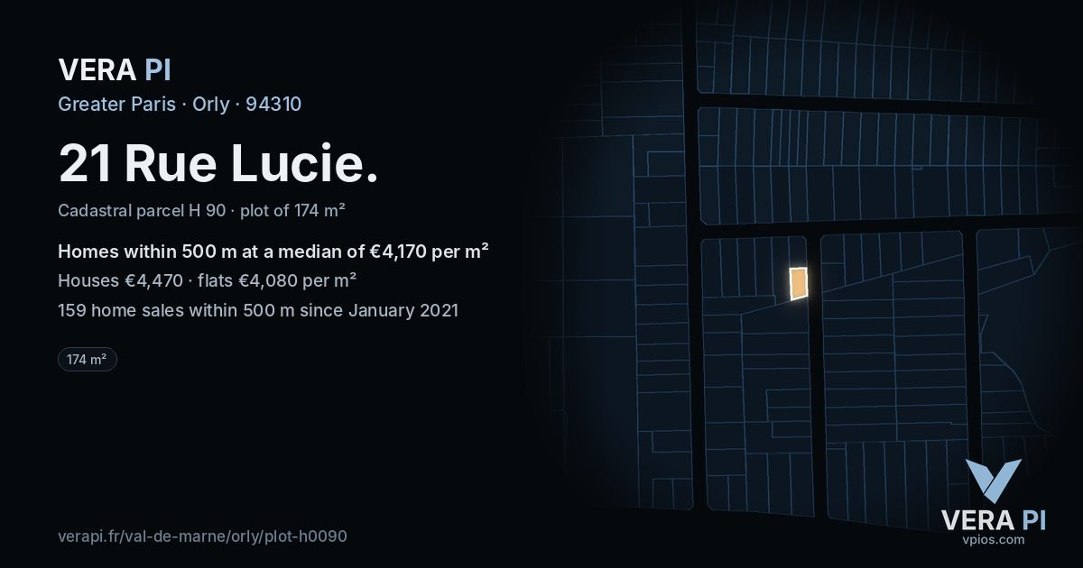 21 Rue Lucie, Orly at night – the plot lit, the parcels around coloured by the prices near them