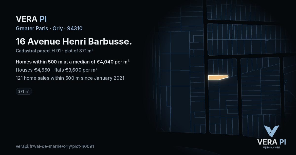 16 Avenue Henri Barbusse, Orly at night – the plot lit, the parcels around coloured by the prices near them