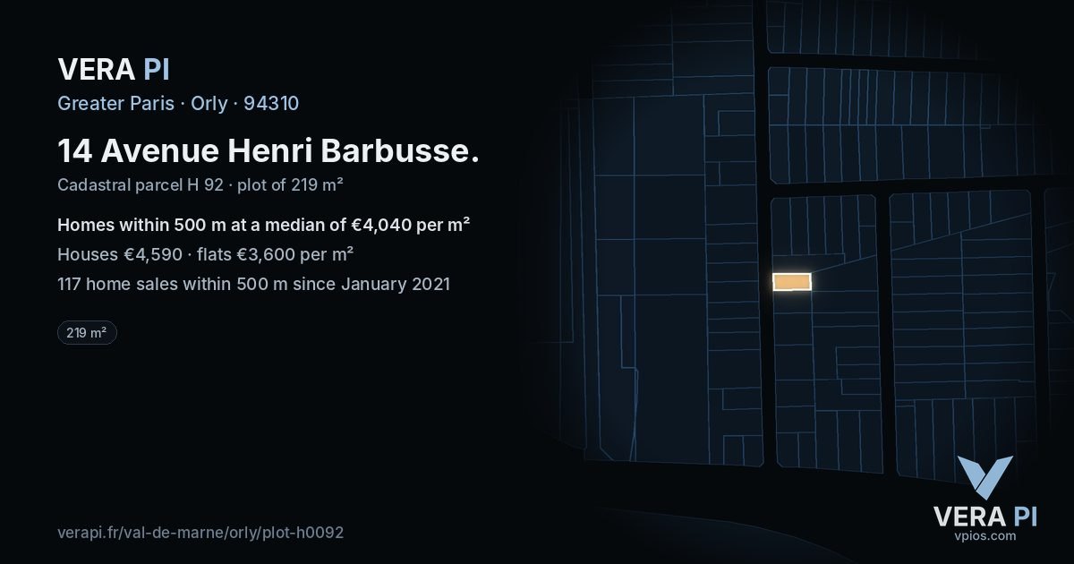 14 Avenue Henri Barbusse, Orly at night – the plot lit, the parcels around coloured by the prices near them