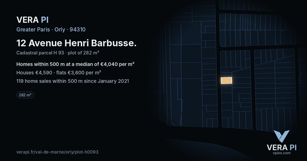 12 Avenue Henri Barbusse, Orly at night – the plot lit, the parcels around coloured by the prices near them