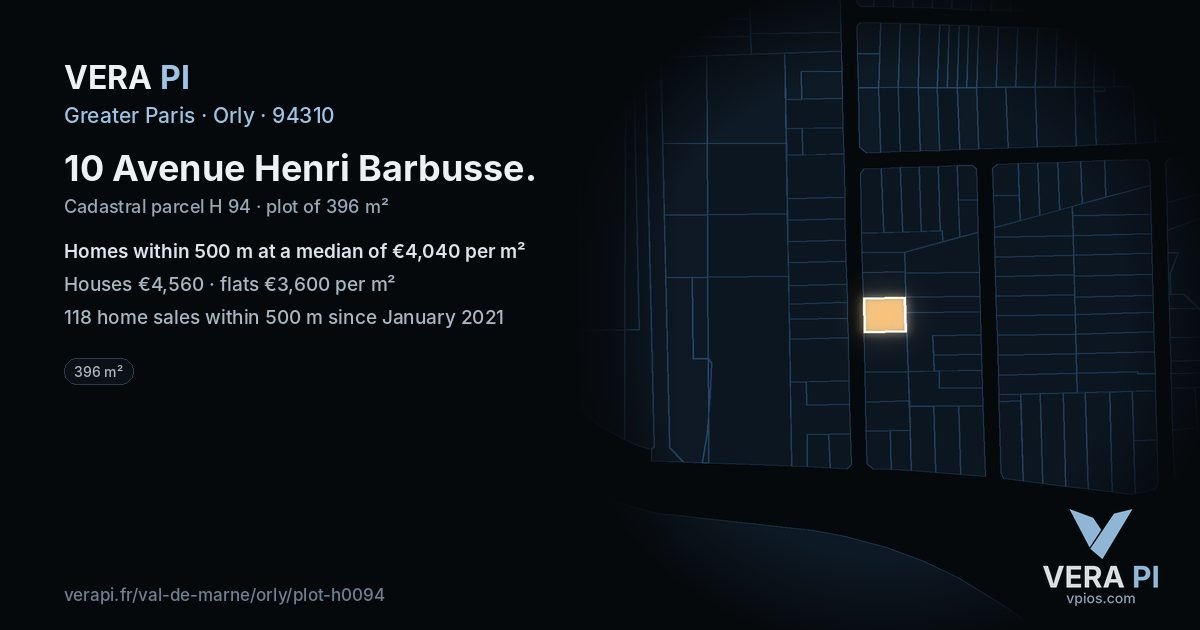 10 Avenue Henri Barbusse, Orly at night – the plot lit, the parcels around coloured by the prices near them