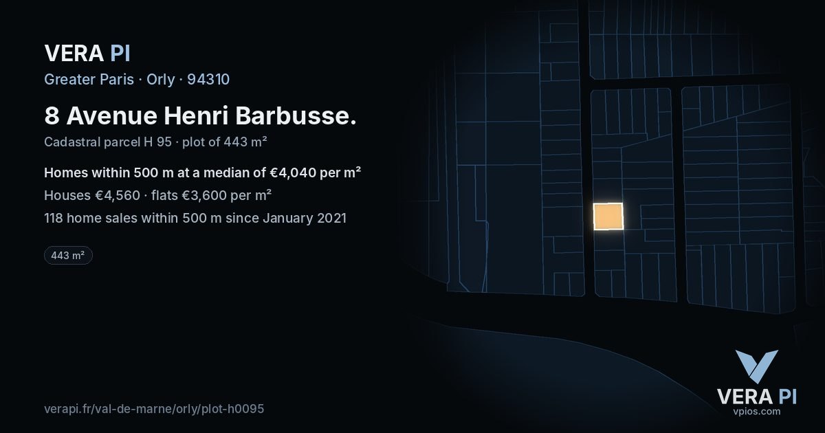 8 Avenue Henri Barbusse, Orly at night – the plot lit, the parcels around coloured by the prices near them