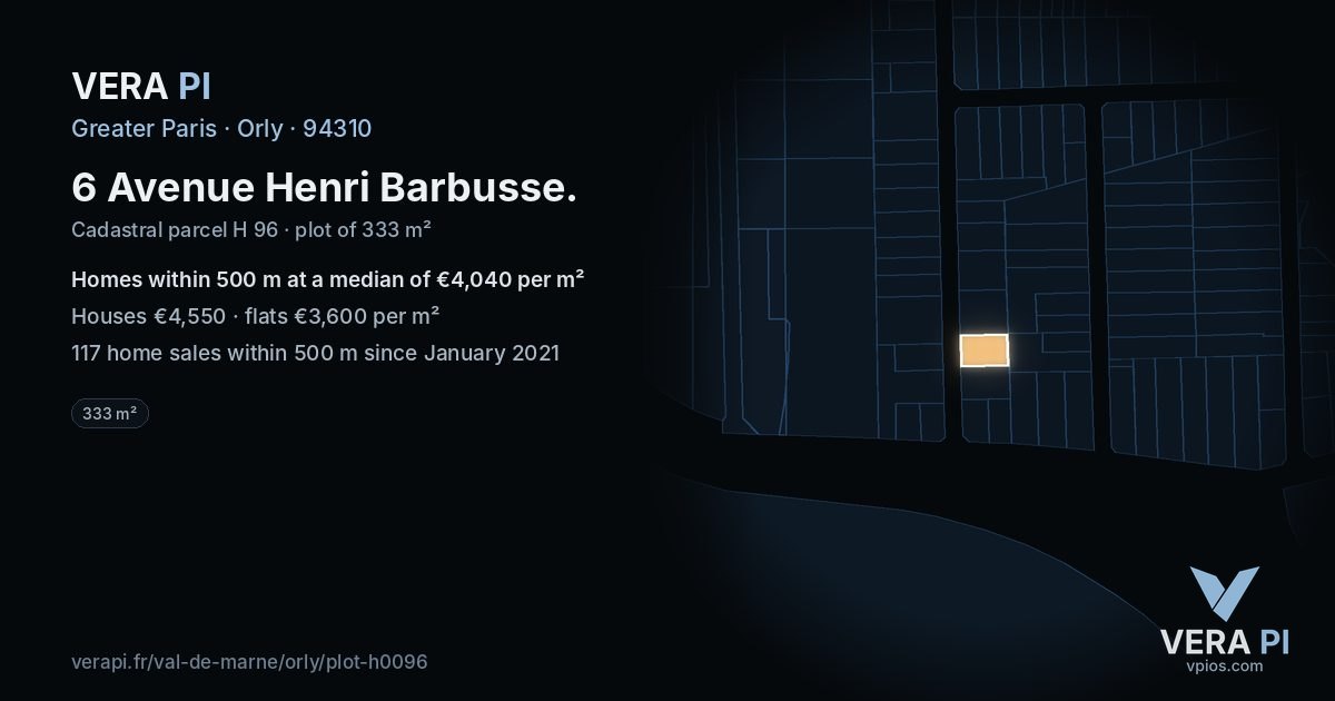 6 Avenue Henri Barbusse, Orly at night – the plot lit, the parcels around coloured by the prices near them