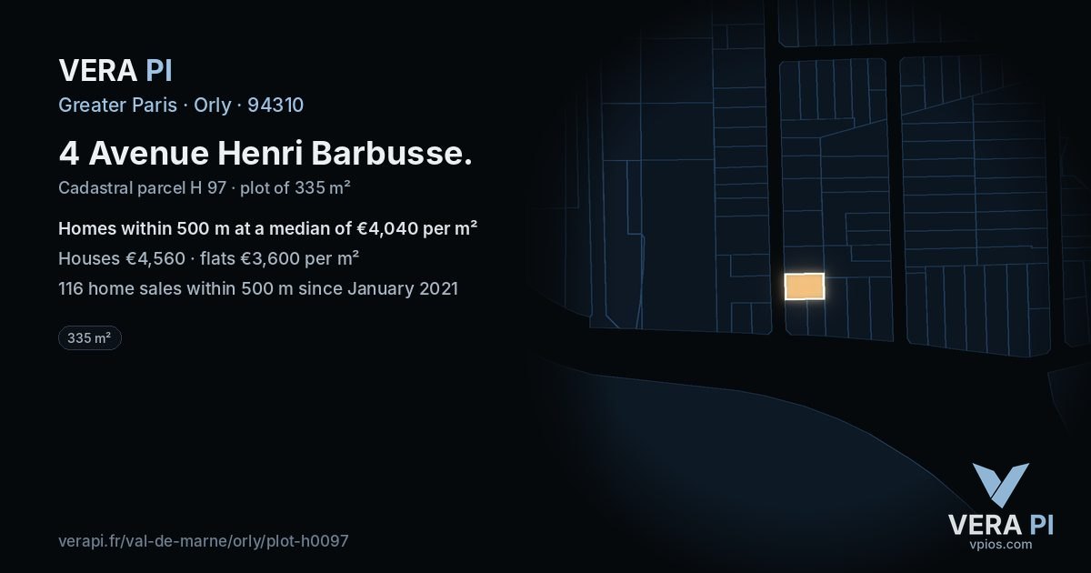 4 Avenue Henri Barbusse, Orly at night – the plot lit, the parcels around coloured by the prices near them