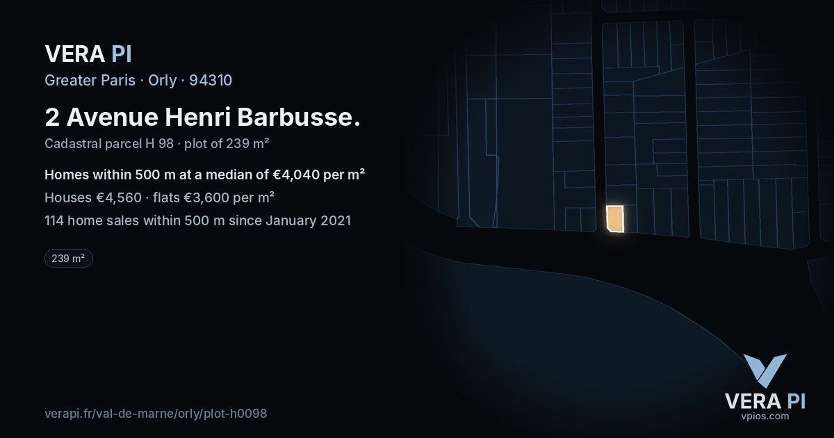 2 Avenue Henri Barbusse, Orly at night – the plot lit, the parcels around coloured by the prices near them