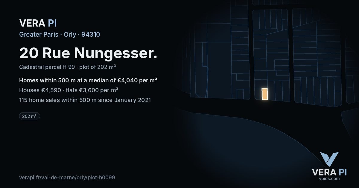 20 Rue Nungesser, Orly at night – the plot lit, the parcels around coloured by the prices near them