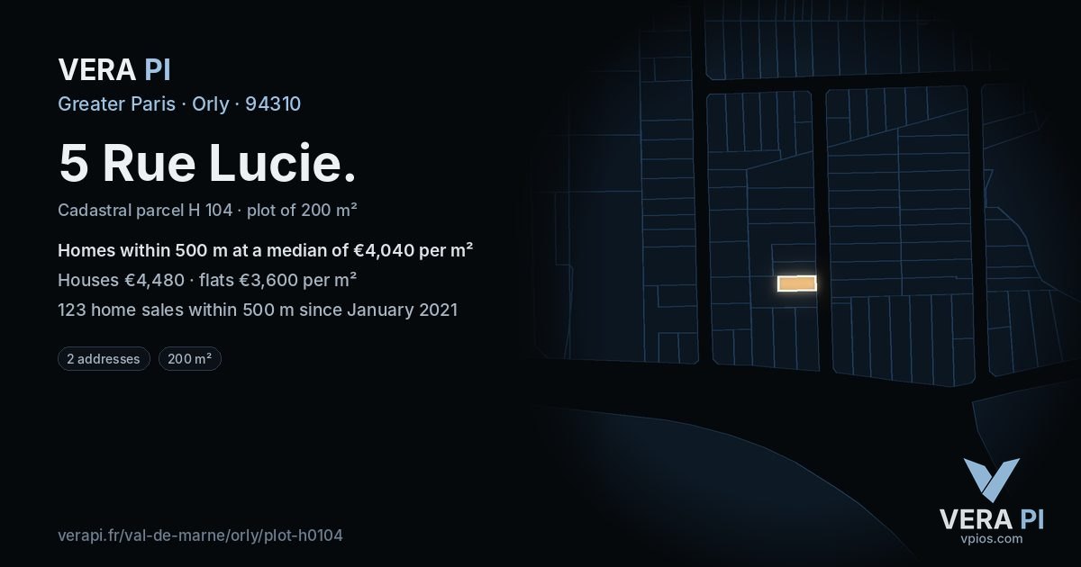 5 Rue Lucie, Orly at night – the plot lit, the parcels around coloured by the prices near them