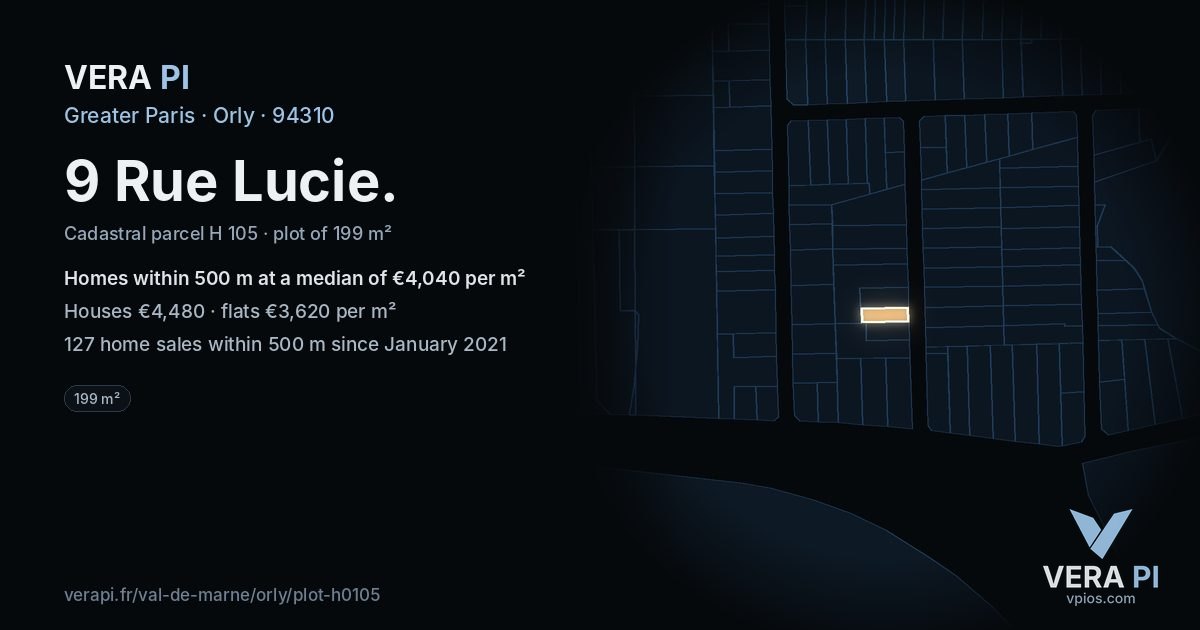 9 Rue Lucie, Orly at night – the plot lit, the parcels around coloured by the prices near them