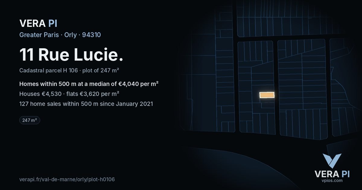11 Rue Lucie, Orly at night – the plot lit, the parcels around coloured by the prices near them
