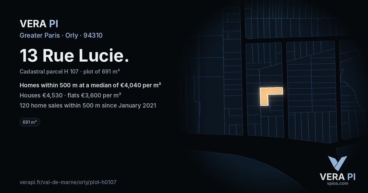 13 Rue Lucie, Orly at night – the plot lit, the parcels around coloured by the prices near them