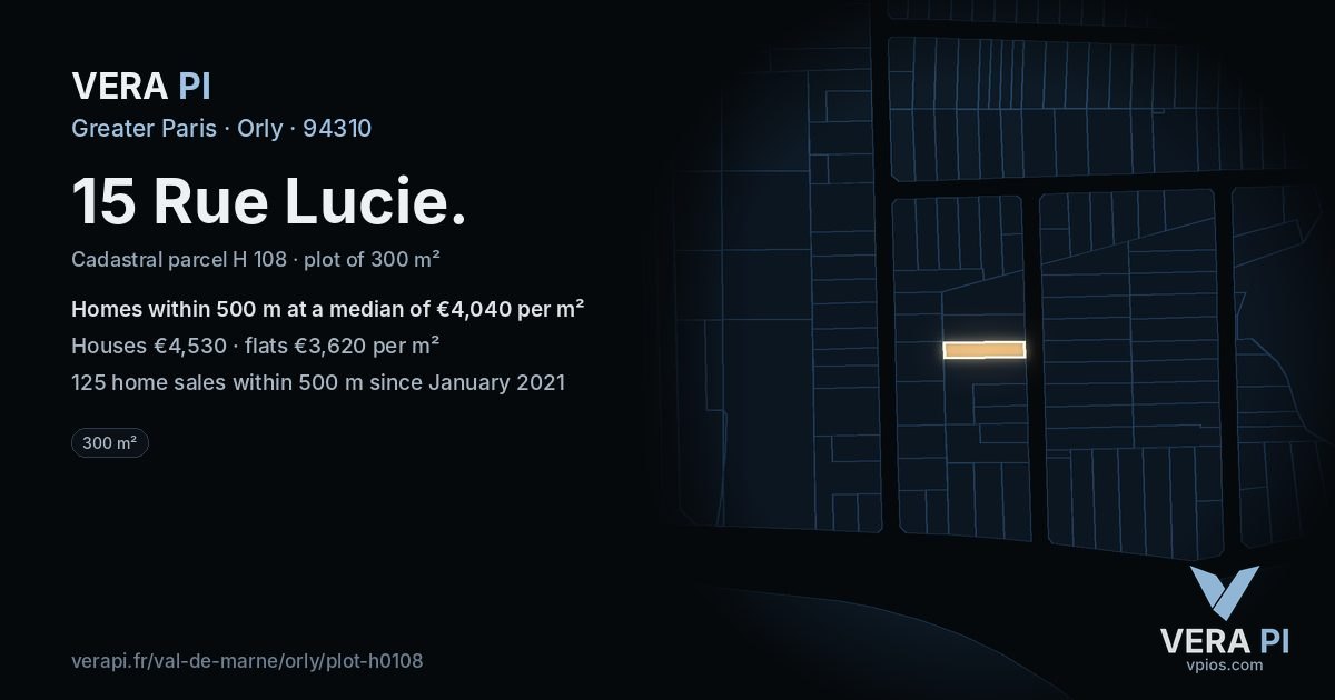 15 Rue Lucie, Orly at night – the plot lit, the parcels around coloured by the prices near them