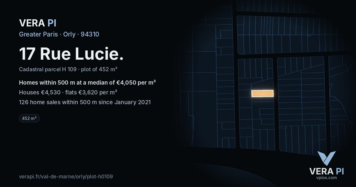 17 Rue Lucie, Orly at night – the plot lit, the parcels around coloured by the prices near them