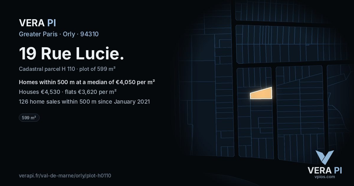 19 Rue Lucie, Orly at night – the plot lit, the parcels around coloured by the prices near them
