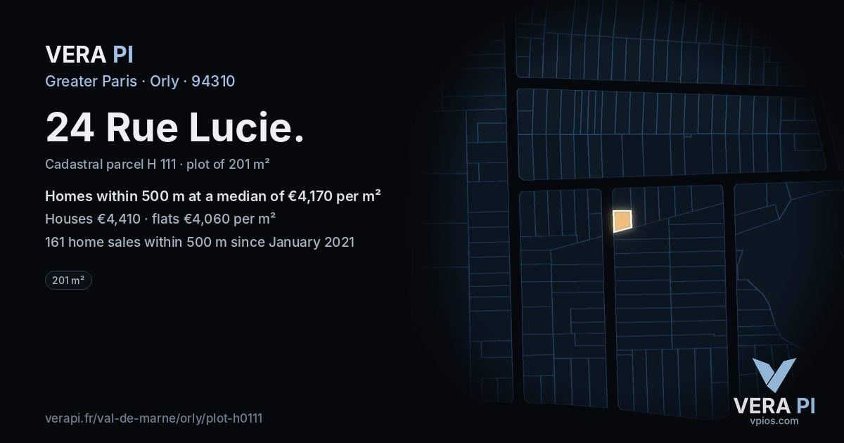 24 Rue Lucie, Orly at night – the plot lit, the parcels around coloured by the prices near them