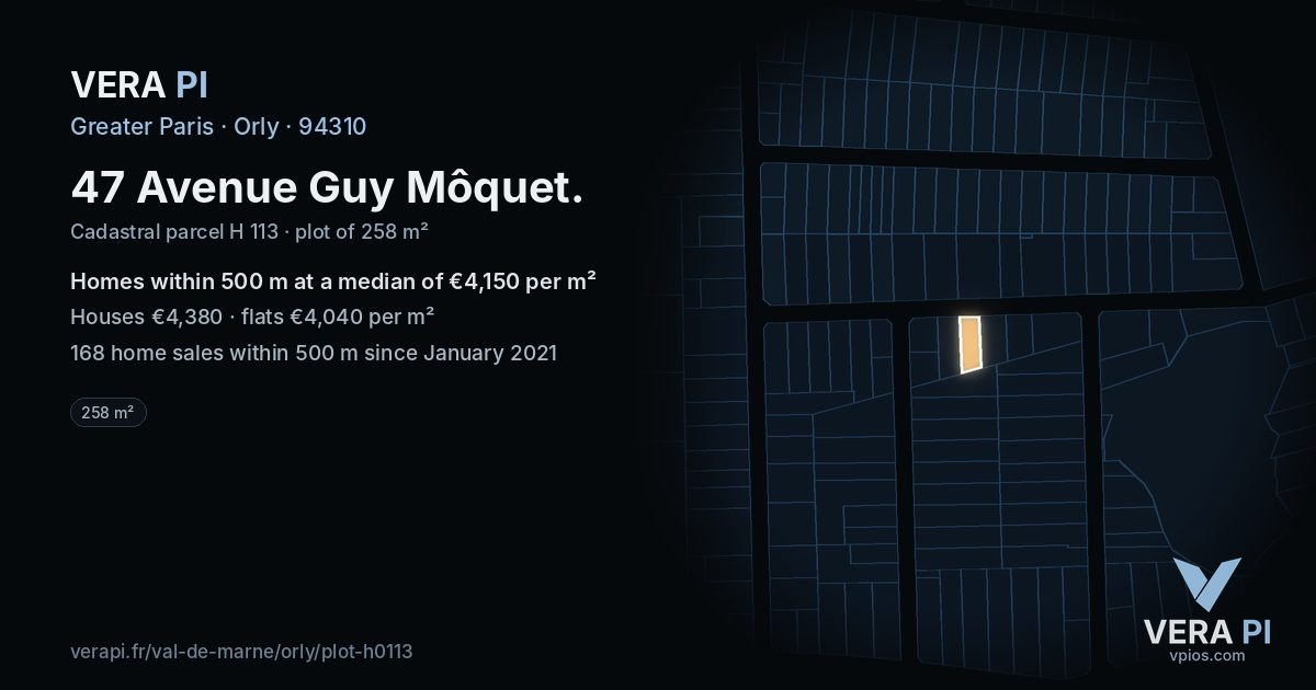 47 Avenue Guy Môquet, Orly at night – the plot lit, the parcels around coloured by the prices near them