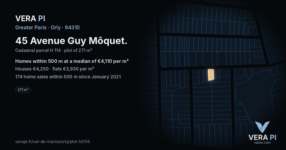 45 Avenue Guy Môquet, Orly at night – the plot lit, the parcels around coloured by the prices near them