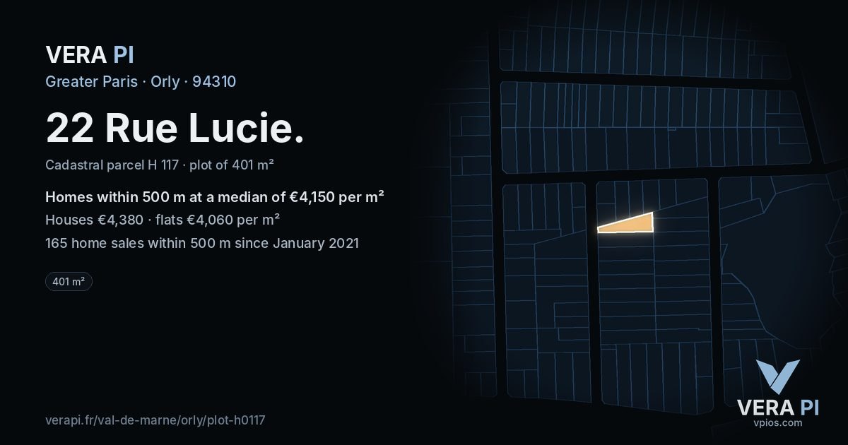 22 Rue Lucie, Orly at night – the plot lit, the parcels around coloured by the prices near them