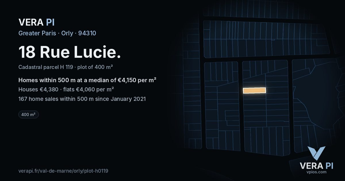 18 Rue Lucie, Orly at night – the plot lit, the parcels around coloured by the prices near them