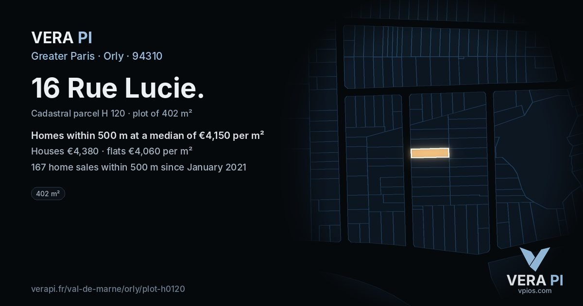 16 Rue Lucie, Orly at night – the plot lit, the parcels around coloured by the prices near them