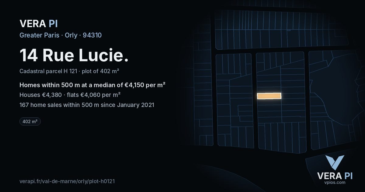 14 Rue Lucie, Orly at night – the plot lit, the parcels around coloured by the prices near them