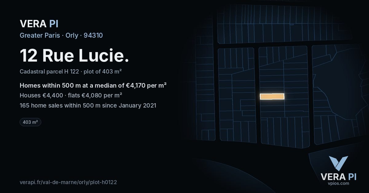 12 Rue Lucie, Orly at night – the plot lit, the parcels around coloured by the prices near them