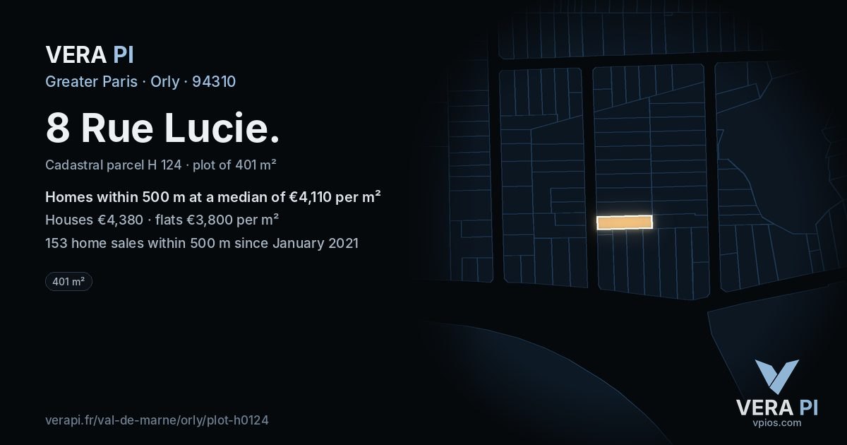 8 Rue Lucie, Orly at night – the plot lit, the parcels around coloured by the prices near them