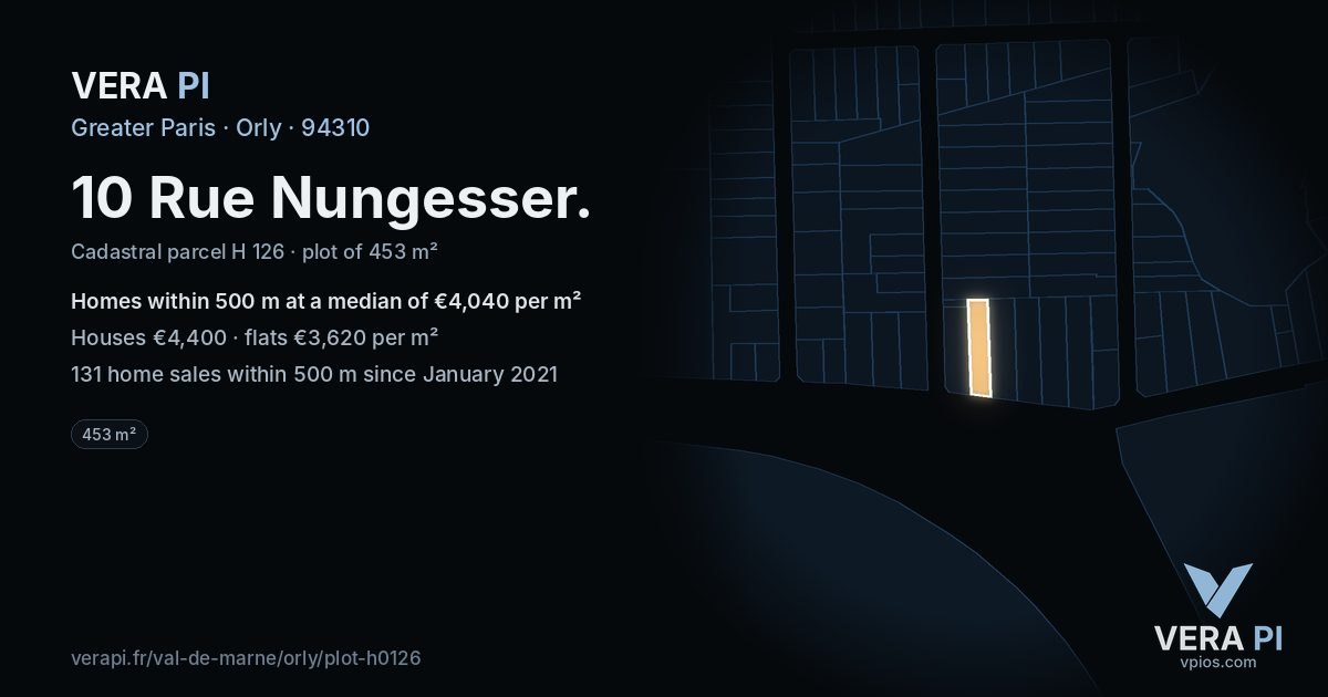 10 Rue Nungesser, Orly at night – the plot lit, the parcels around coloured by the prices near them