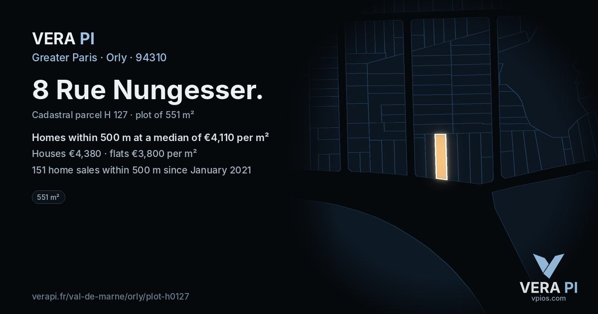 8 Rue Nungesser, Orly at night – the plot lit, the parcels around coloured by the prices near them