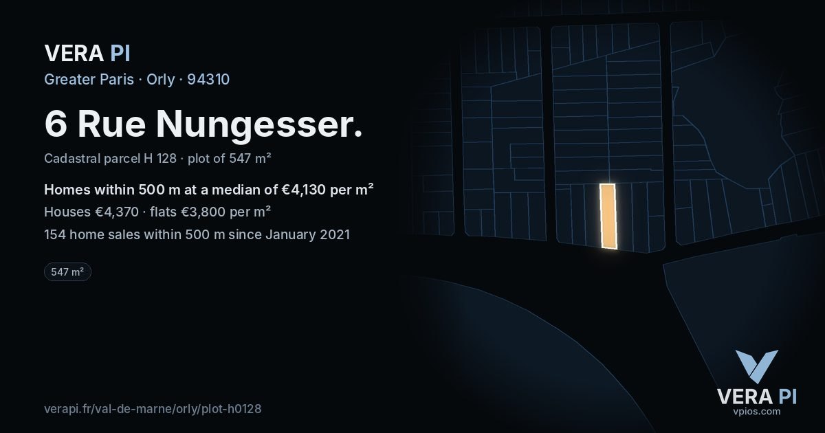 6 Rue Nungesser, Orly at night – the plot lit, the parcels around coloured by the prices near them