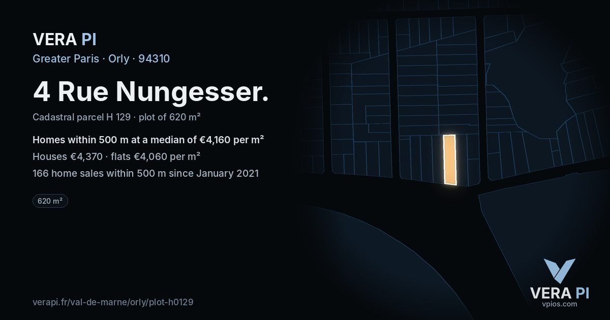 4 Rue Nungesser, Orly at night – the plot lit, the parcels around coloured by the prices near them