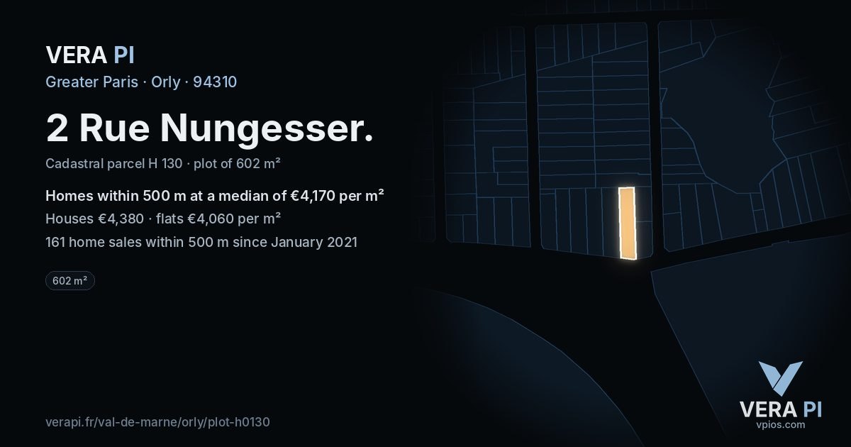 2 Rue Nungesser, Orly at night – the plot lit, the parcels around coloured by the prices near them