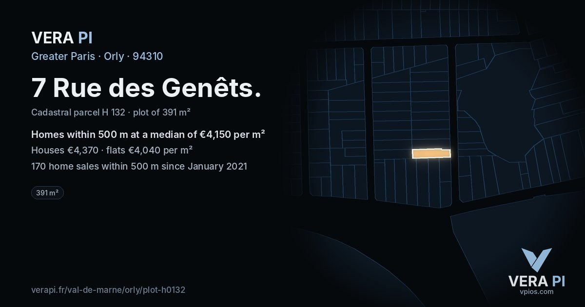7 Rue des Genêts, Orly at night – the plot lit, the parcels around coloured by the prices near them