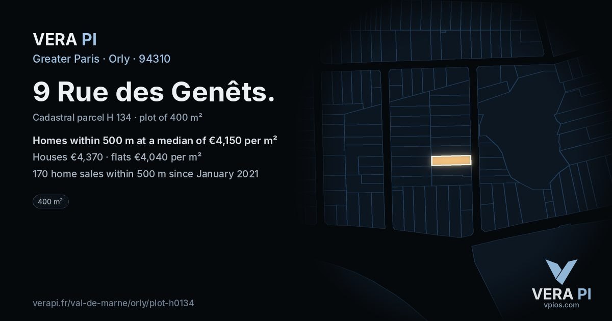 9 Rue des Genêts, Orly at night – the plot lit, the parcels around coloured by the prices near them