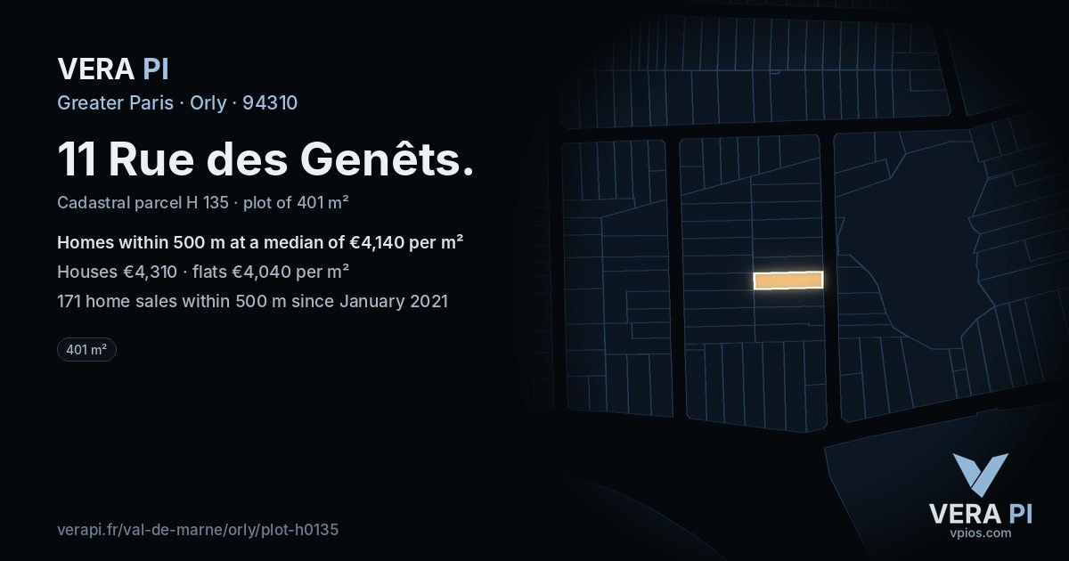 11 Rue des Genêts, Orly at night – the plot lit, the parcels around coloured by the prices near them