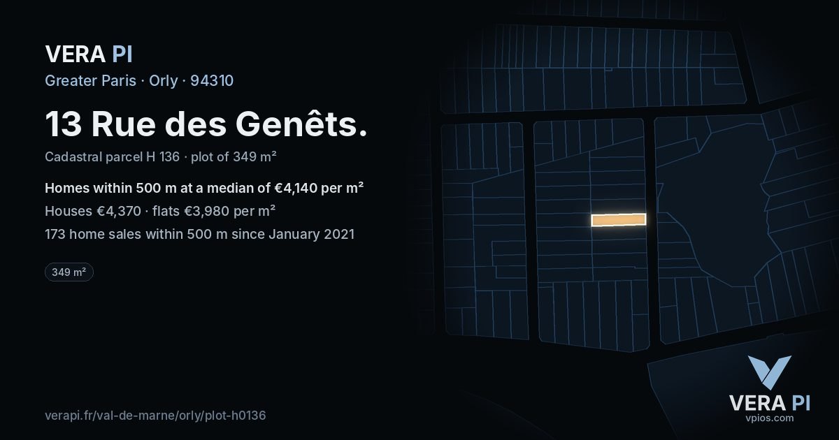 13 Rue des Genêts, Orly at night – the plot lit, the parcels around coloured by the prices near them