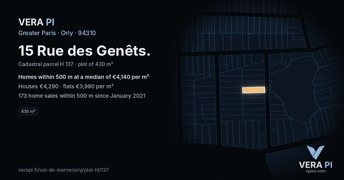 15 Rue des Genêts, Orly at night – the plot lit, the parcels around coloured by the prices near them