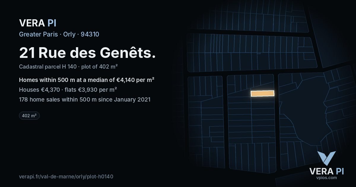 21 Rue des Genêts, Orly at night – the plot lit, the parcels around coloured by the prices near them