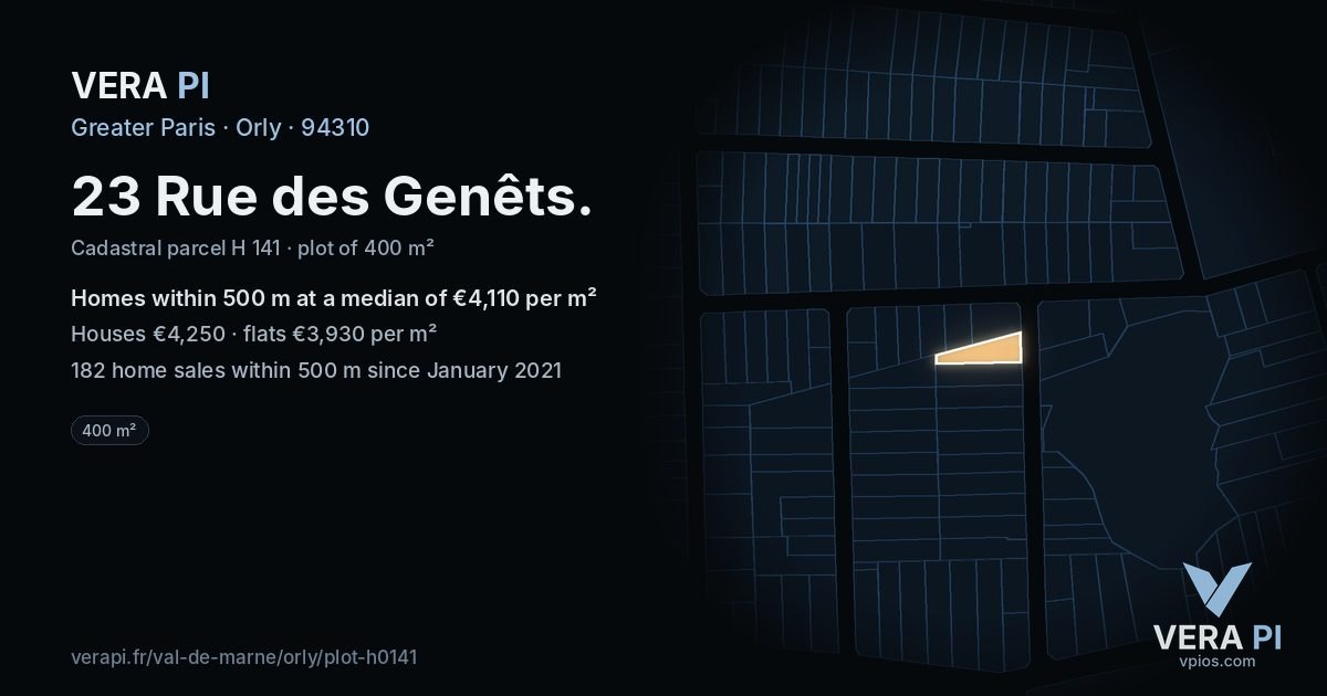 23 Rue des Genêts, Orly at night – the plot lit, the parcels around coloured by the prices near them