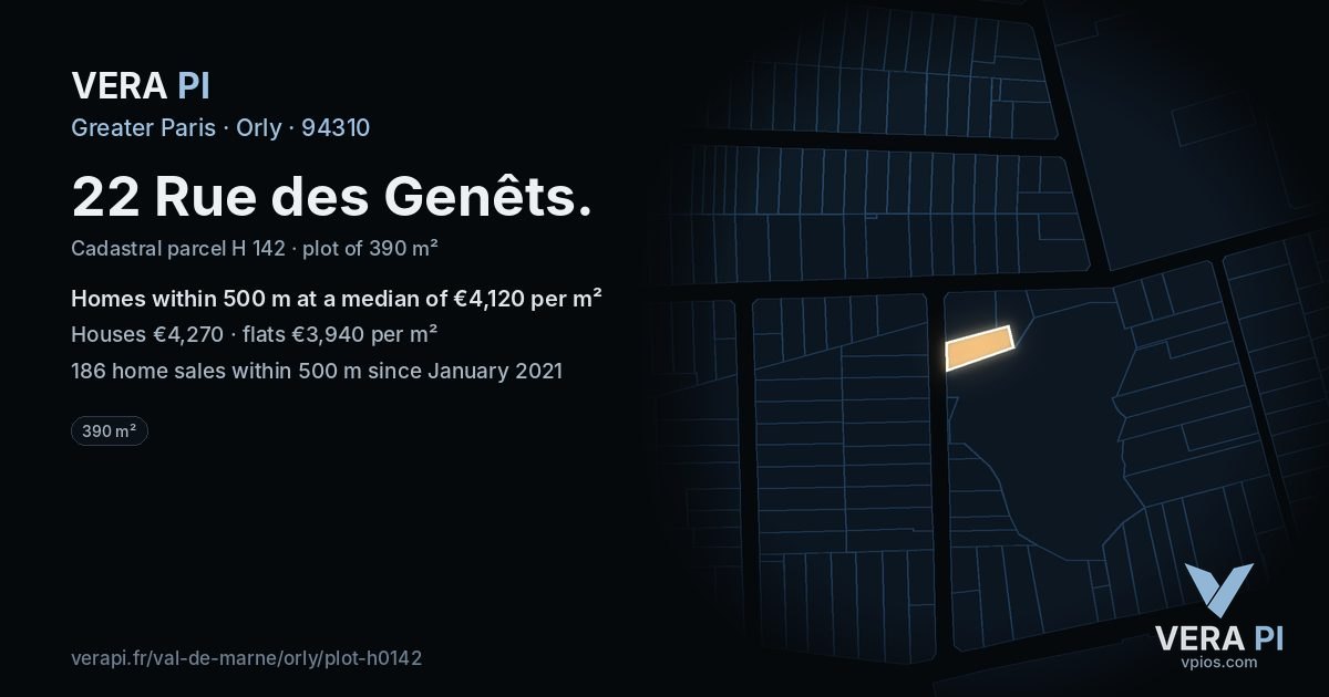22 Rue des Genêts, Orly at night – the plot lit, the parcels around coloured by the prices near them