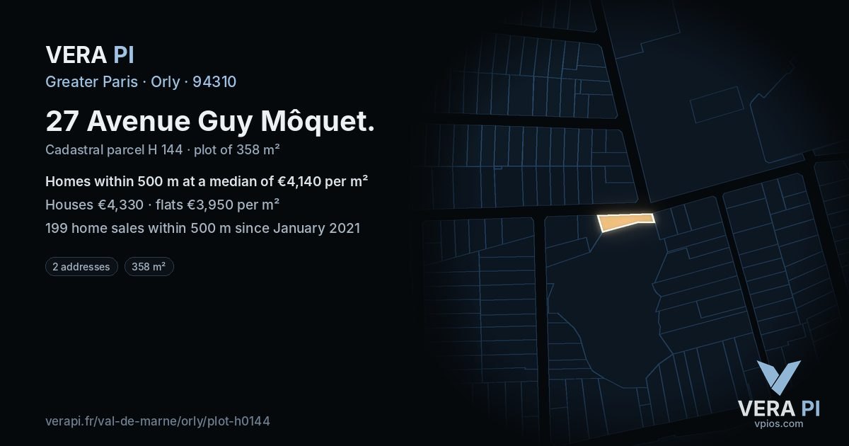 27 Avenue Guy Môquet, Orly at night – the plot lit, the parcels around coloured by the prices near them