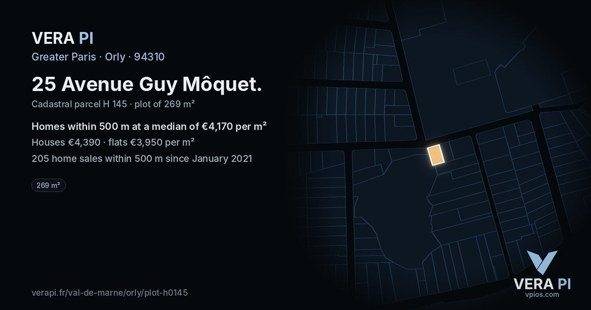 25 Avenue Guy Môquet, Orly at night – the plot lit, the parcels around coloured by the prices near them