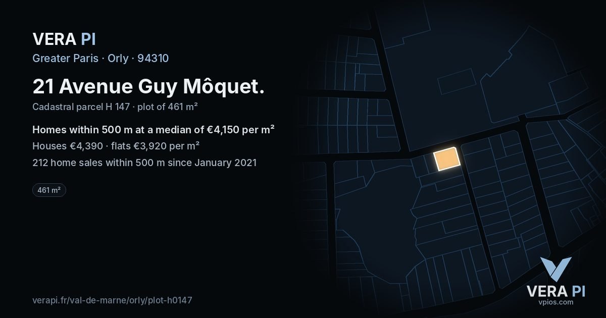 21 Avenue Guy Môquet, Orly at night – the plot lit, the parcels around coloured by the prices near them