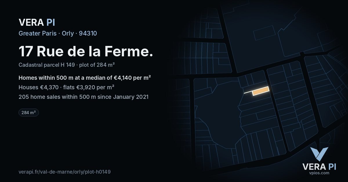 17 Rue de la Ferme, Orly at night – the plot lit, the parcels around coloured by the prices near them