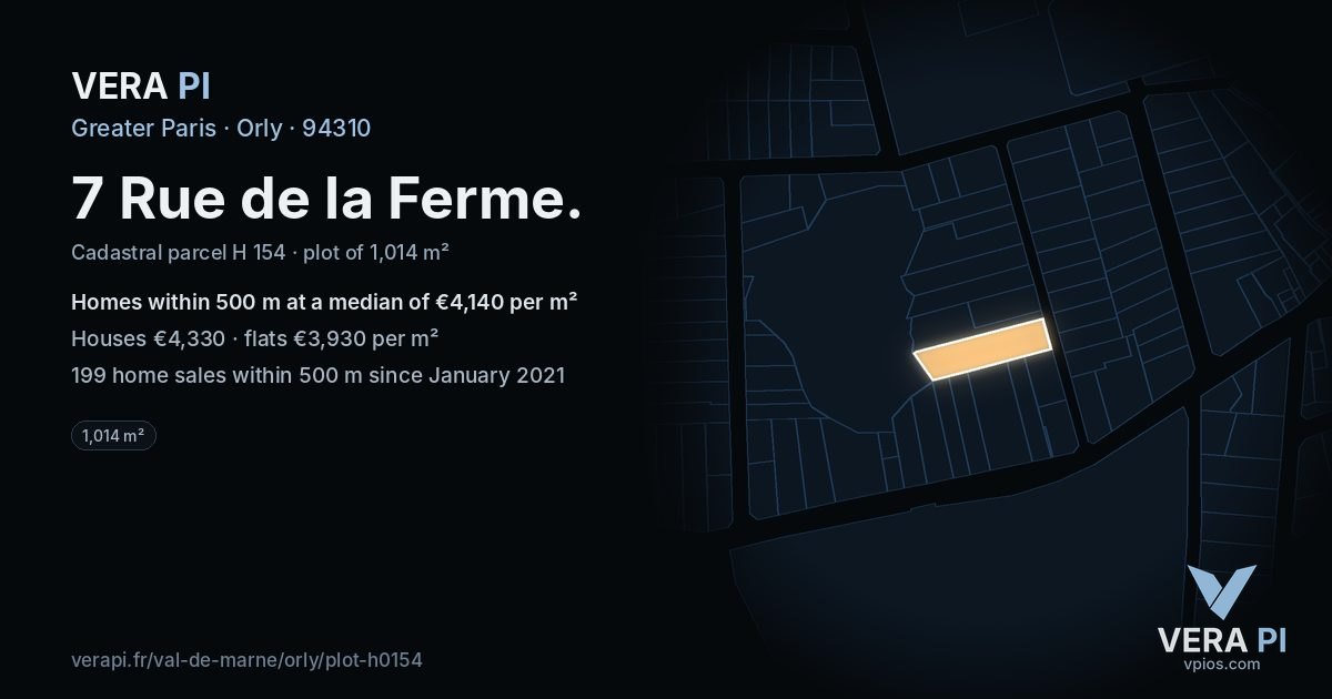 7 Rue de la Ferme, Orly at night – the plot lit, the parcels around coloured by the prices near them