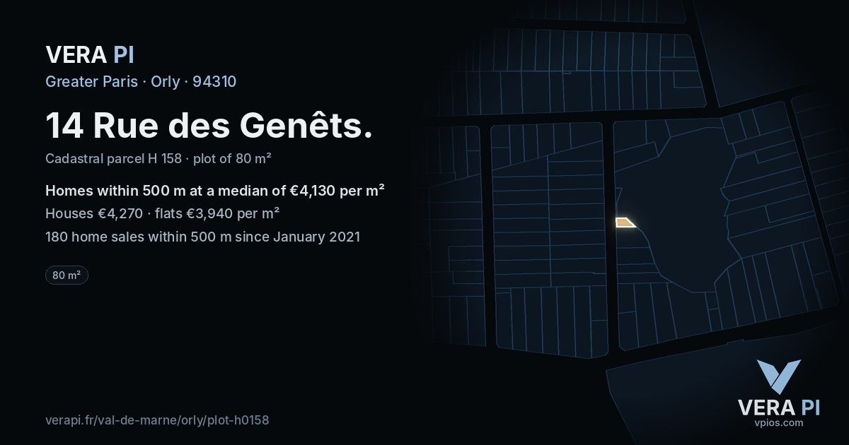 14 Rue des Genêts, Orly at night – the plot lit, the parcels around coloured by the prices near them